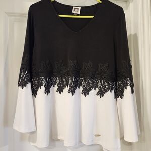 ANNE KLEIN black and White Lace Trim Top